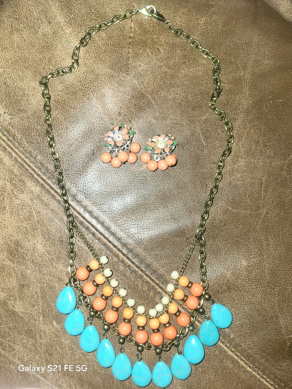 Vintage 50s Coral Enamel Flower Earrings & Boho Turquoise Statement Necklace